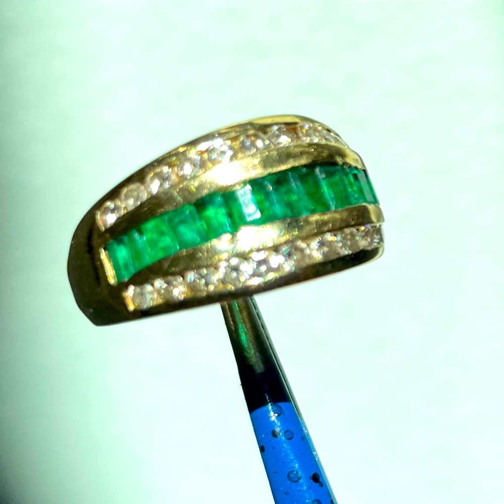 14K emerald and diamond 3-row ring